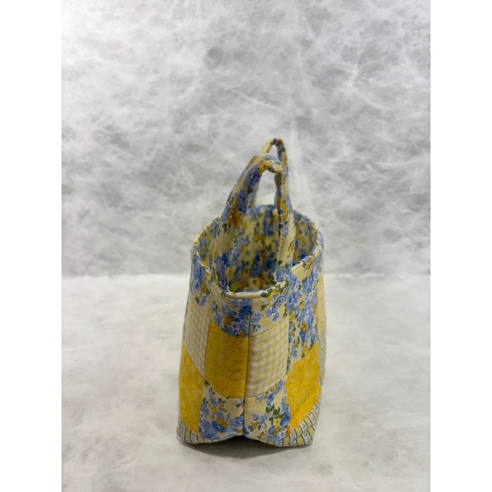 Vintage Quilted Patchwork Fabric Basket Yellow Blue Floral Gingham Storage Bin